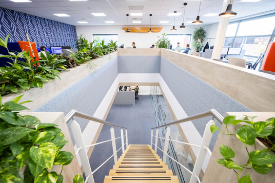 trap, werkplekken, planten, kantoor, trapgat