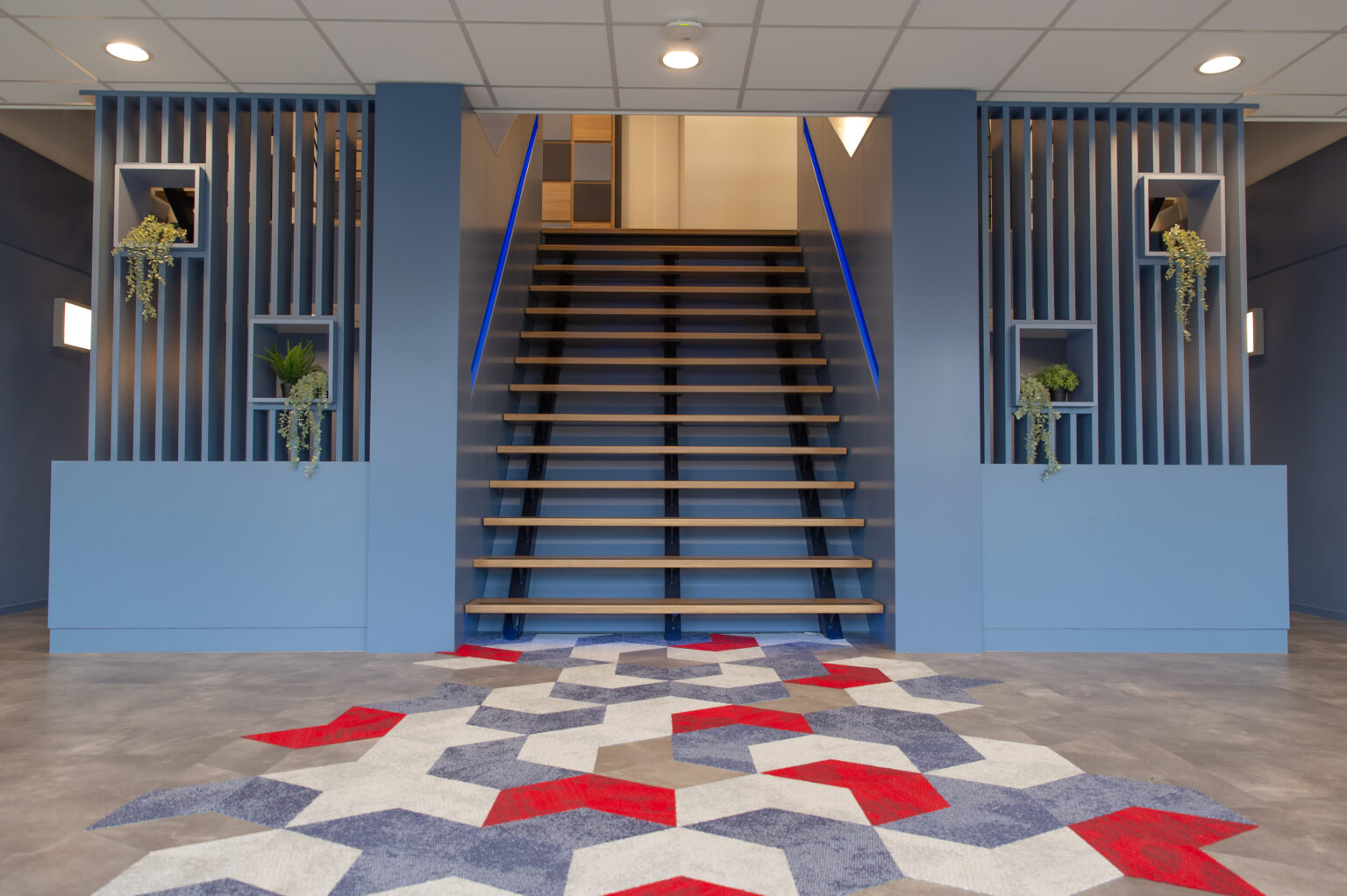 Entree, trap, planten, vloerkleed, blauw, glas, kasten, blauwe latten